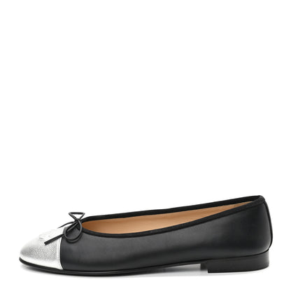 Chanel Calfskin Metallic Goatskin CC Cap Toe Ballerina Flats 38.5 Black Silver 1 of 8
