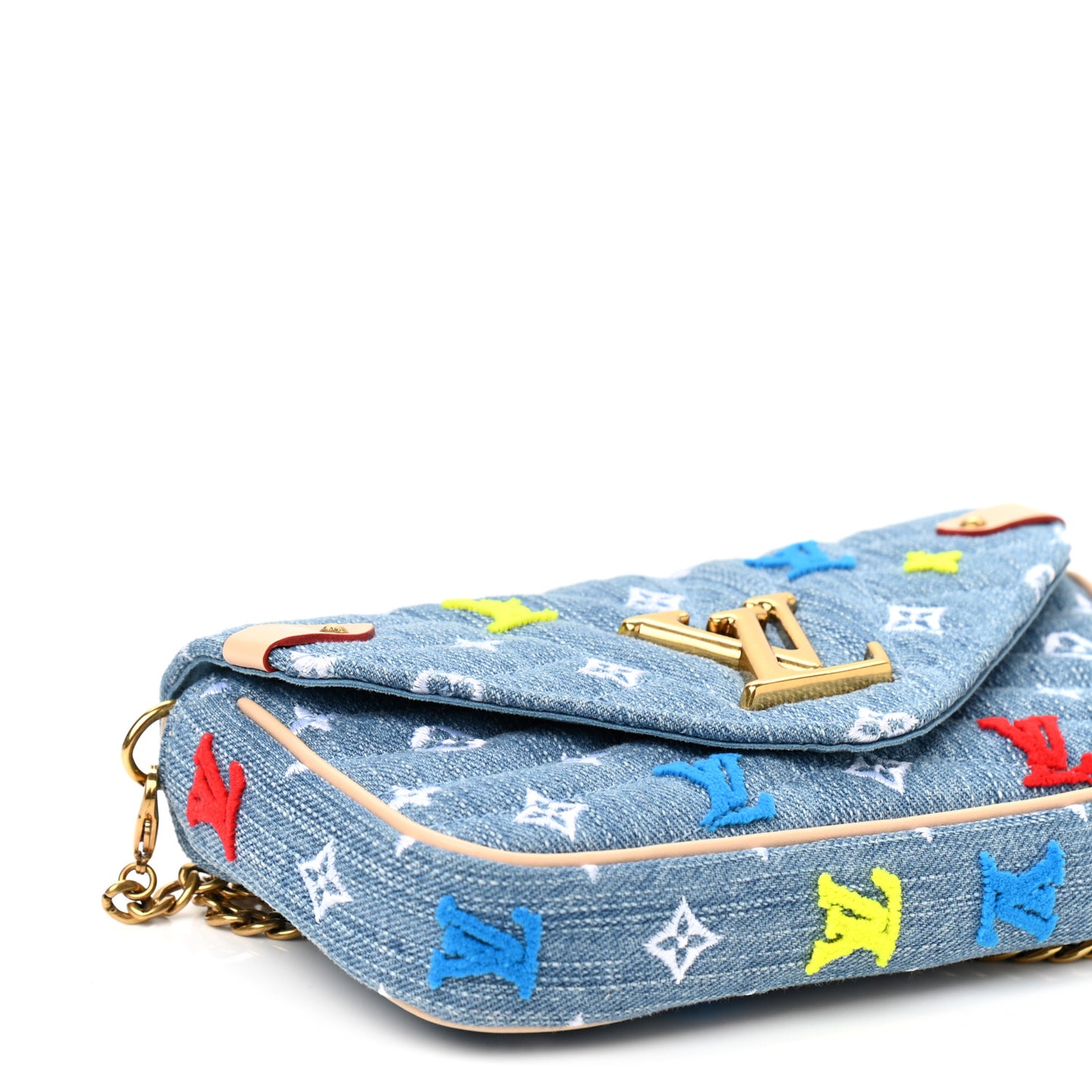 Embroidered Monogram Denim New Wave Chain Pochette Blue
