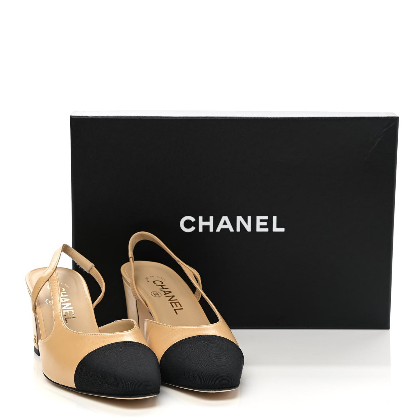 Goatskin Grosgrain Cap Toe CC Slingback Pumps 37.5 Beige Black
