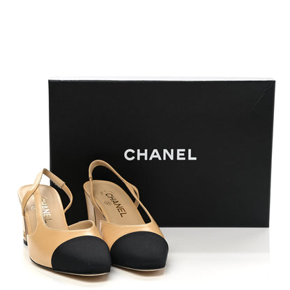 Chanel Goatskin Grosgrain Cap Toe CC Slingback Pumps 37.5 Beige Black 9 of 9