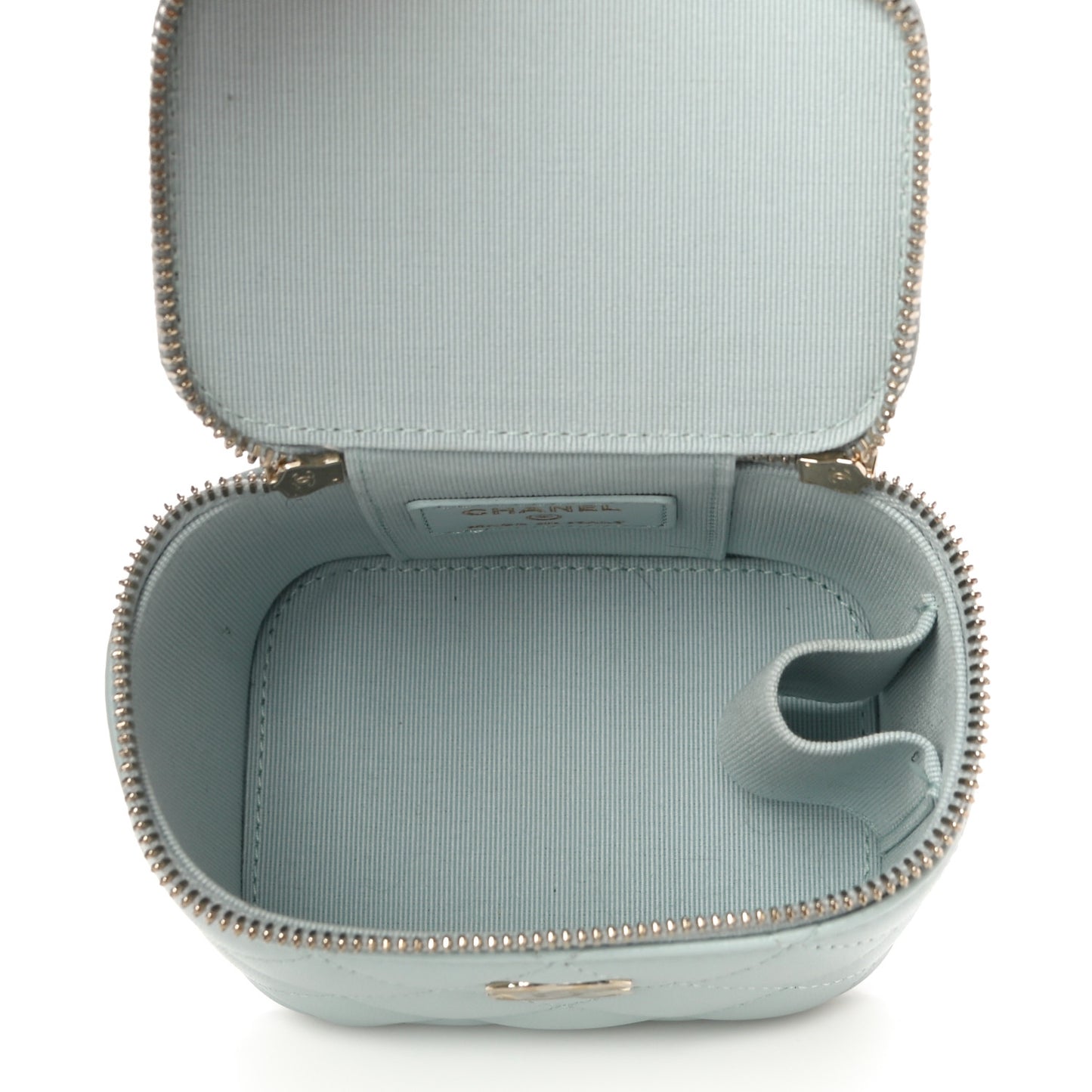 Lambskin Quilted Top Handle Mini Vanity Case With Chain Light Blue