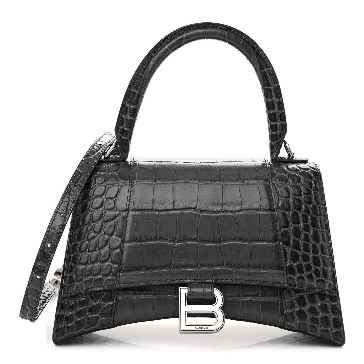Balenciaga Shiny Calfskin Crocodile Embossed Small Hourglass Top Handle Bag Dark Grey 1 of 13