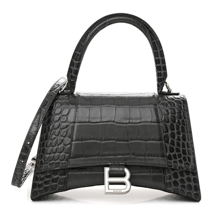 Balenciaga Shiny Calfskin Crocodile Embossed Small Hourglass Top Handle Bag Dark Grey 1 of 13