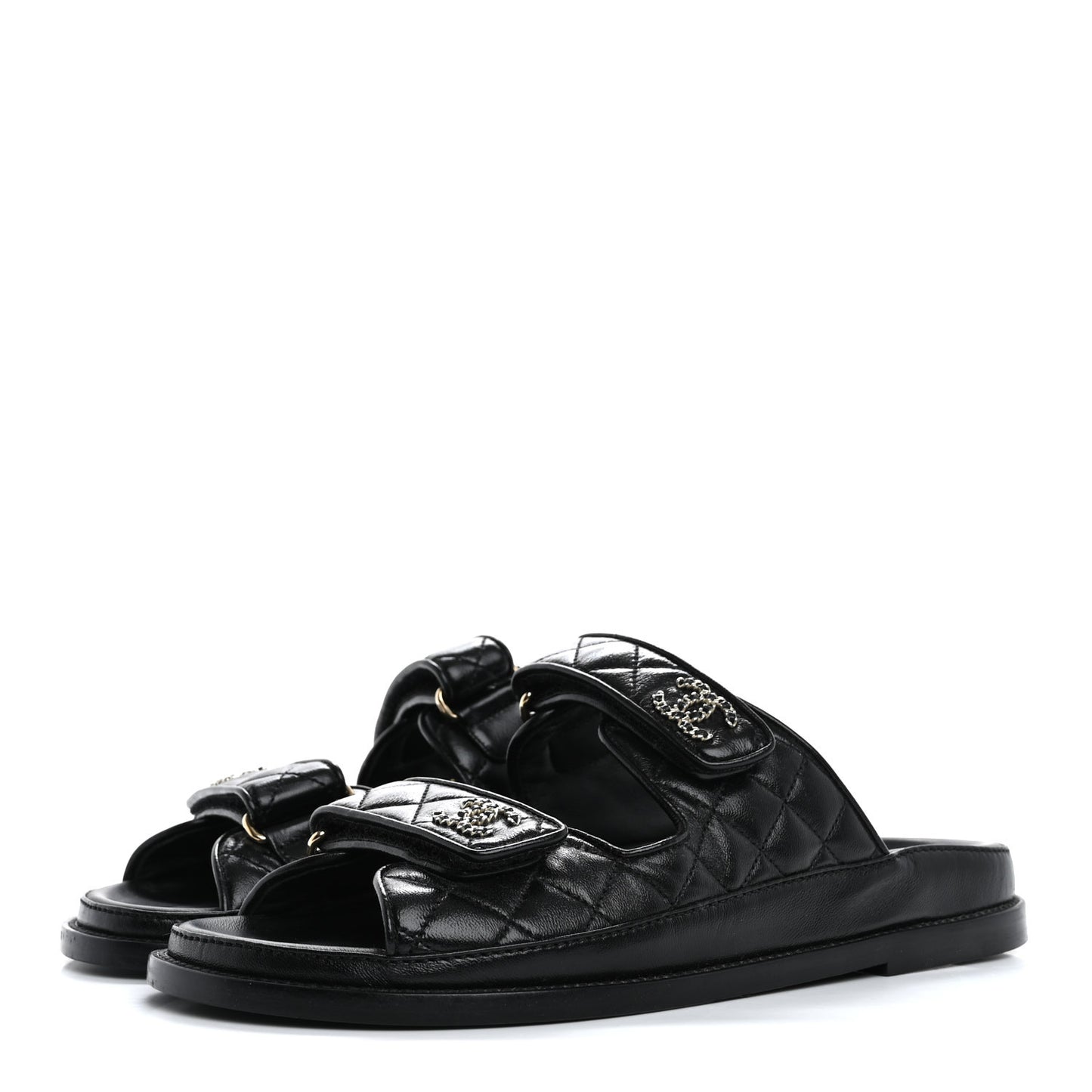 Lambskin Quilted Velcro Dad Chain CC Slide Sandals 39 Black