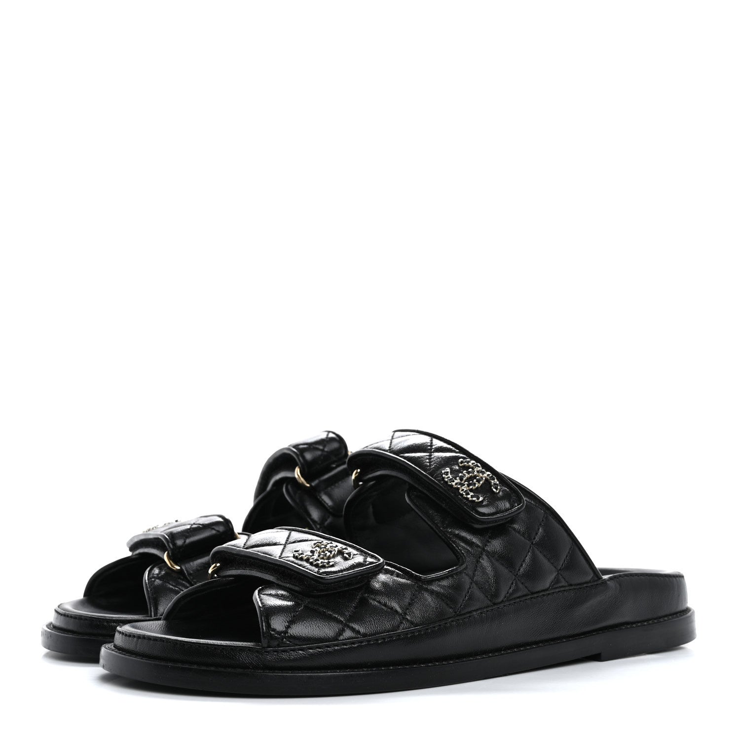 Chanel Lambskin Quilted Velcro Dad Chain CC Slide Sandals 39 Black 4 of 10