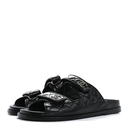 Chanel Lambskin Quilted Velcro Dad Chain CC Slide Sandals 39 Black 4 of 10