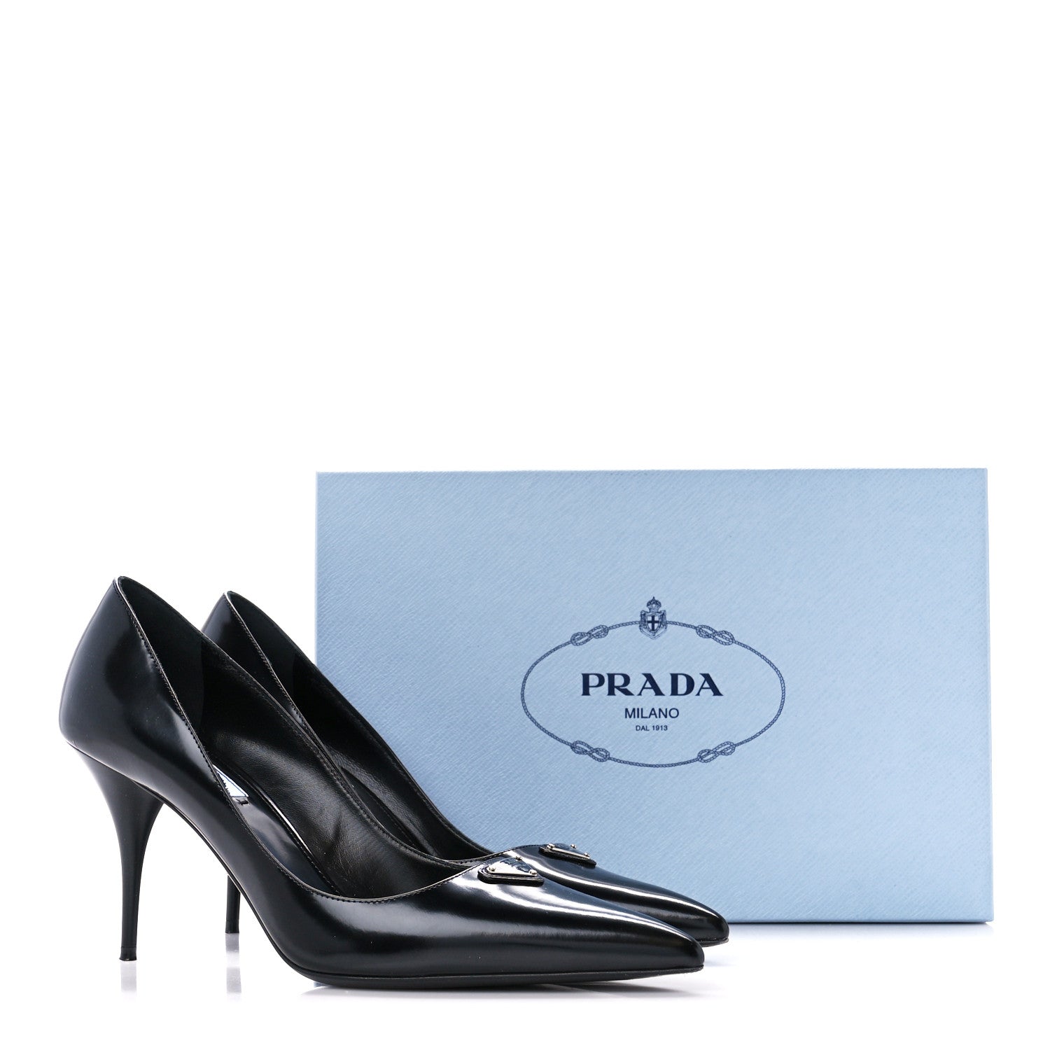 Prada Spazzolato Metal Triangle Logo Pointed Toe 85mm Pumps 39 Black 8 of 8