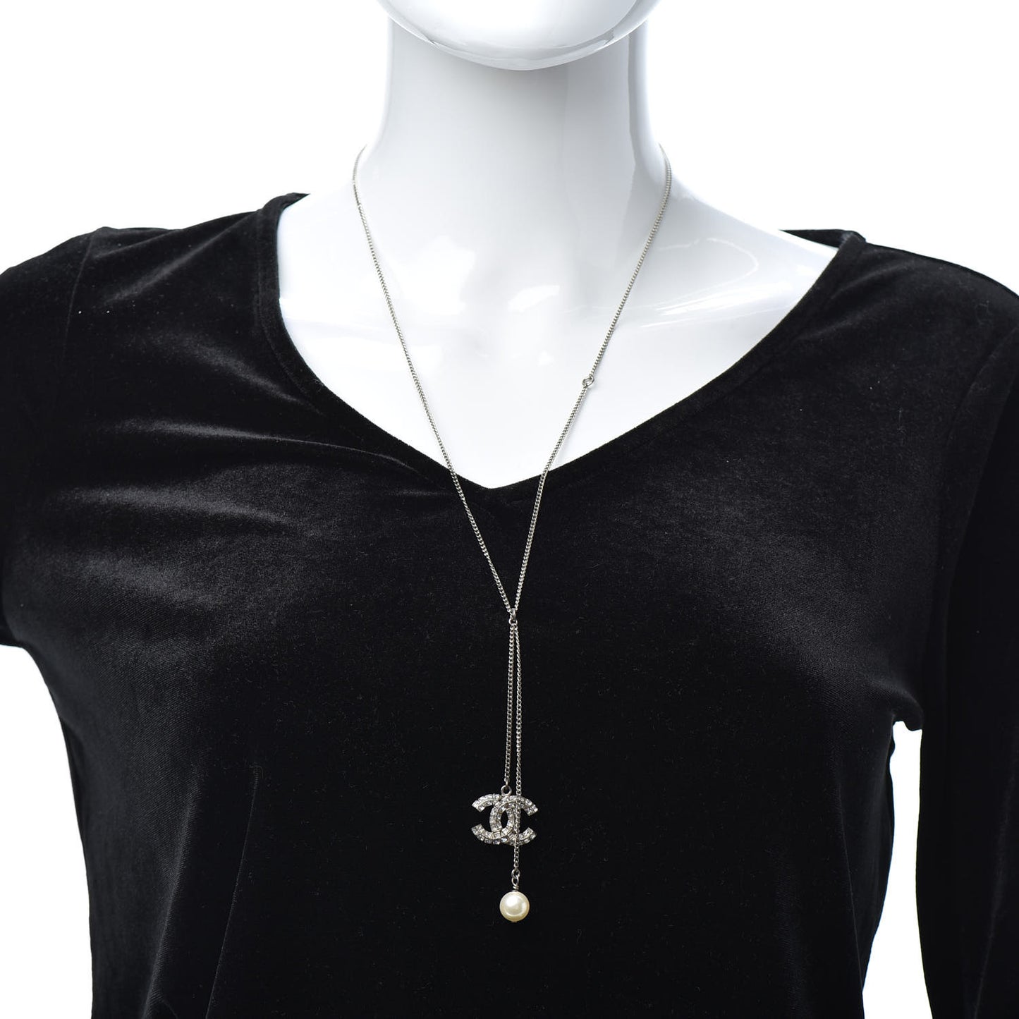 Baguette Crystal Pearl CC Lariat Necklace Silver