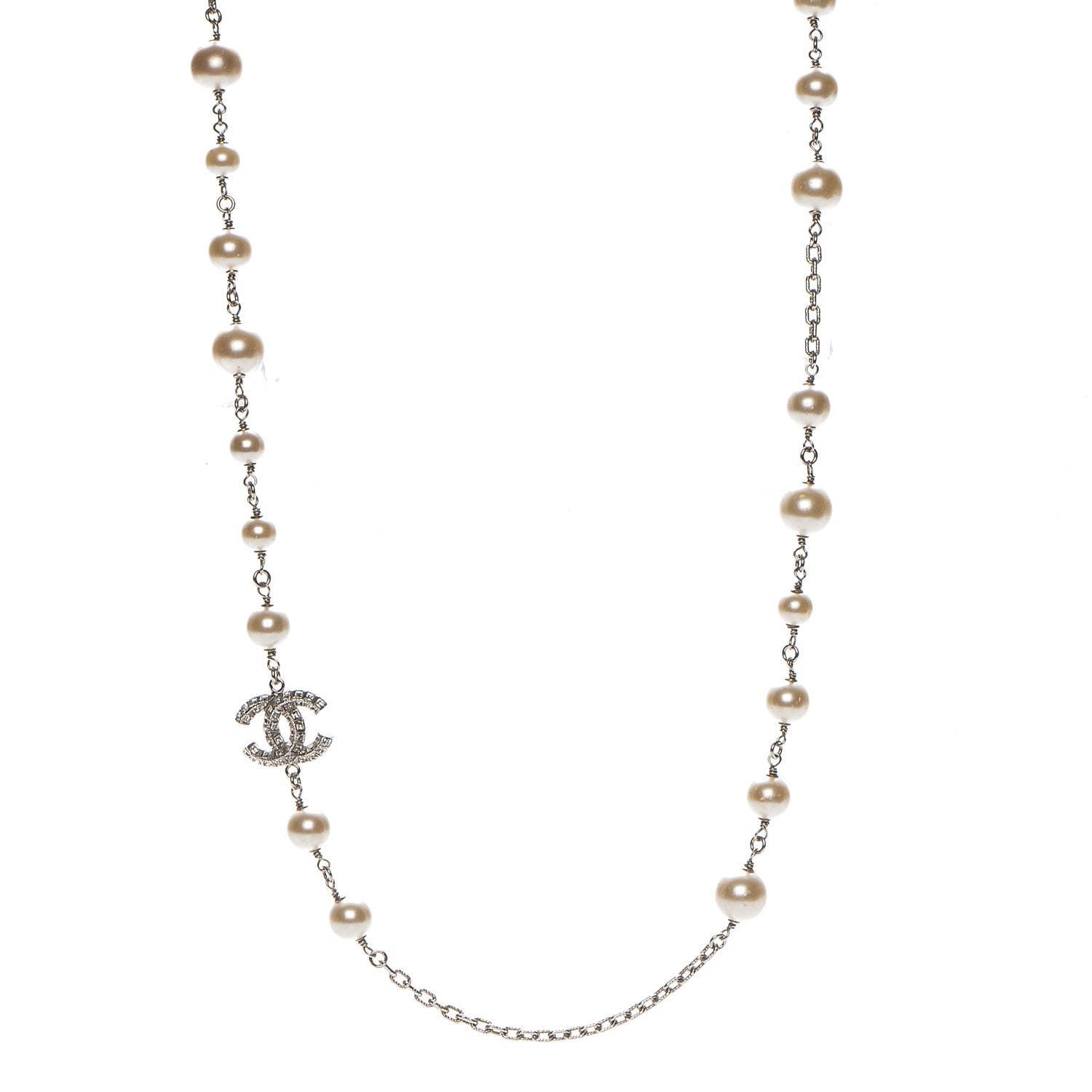 Chanel Pearl Baguette Crystal CC Long Necklace Silver 1 of 6