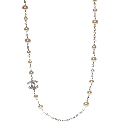 Chanel Pearl Baguette Crystal CC Long Necklace Silver 1 of 6