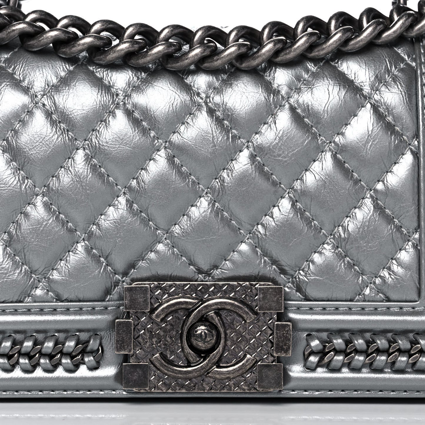 Metallic Aged Calfskin Quilted Small Boy Handle Flap Charcoal