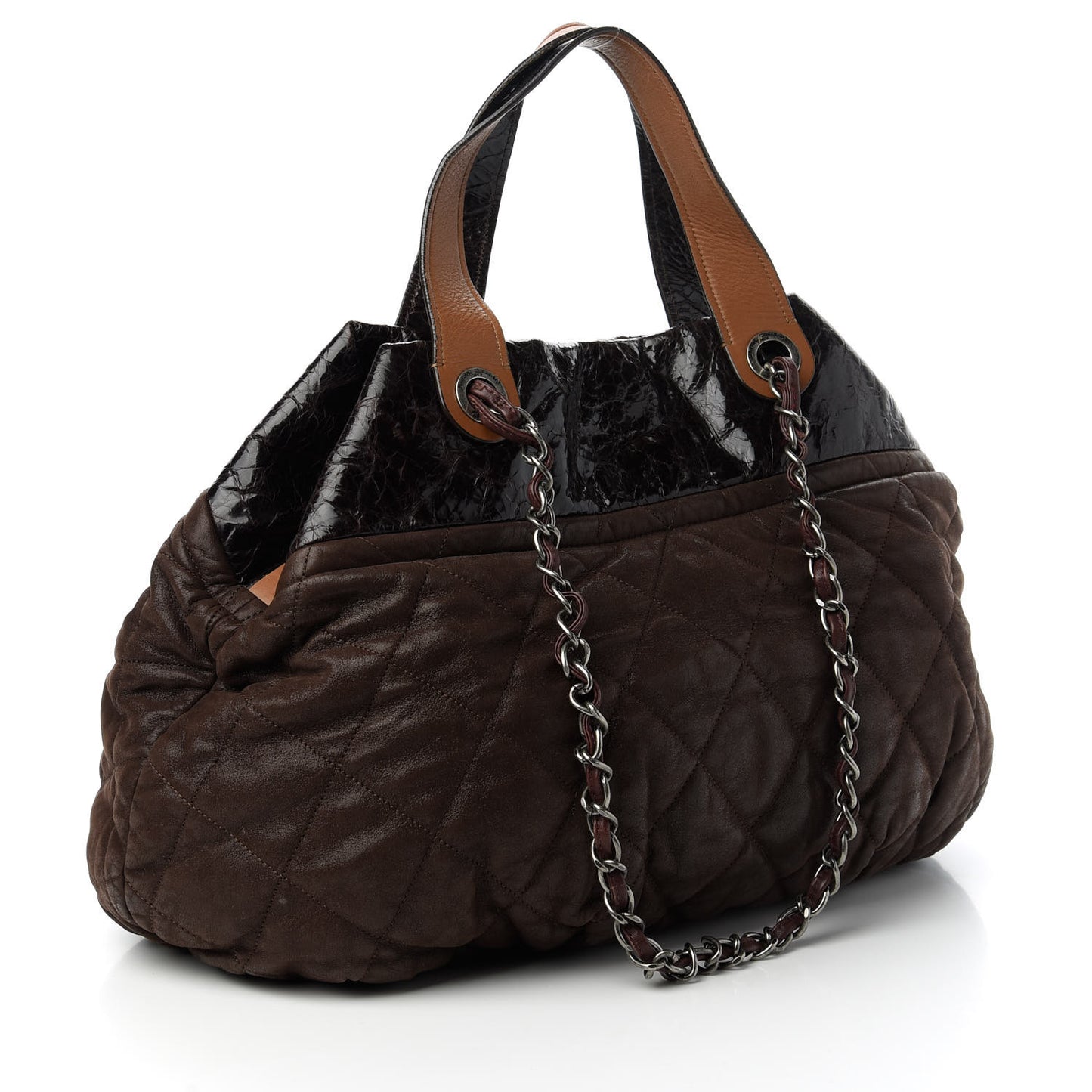 Iridescent Calfskin Quilted Large In The Mix Tote Brown