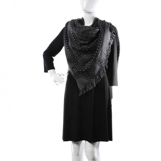 Gucci Wool Silk Monogram Diamanti Studded Fringe Square Scarf Anthracite 2 of 5