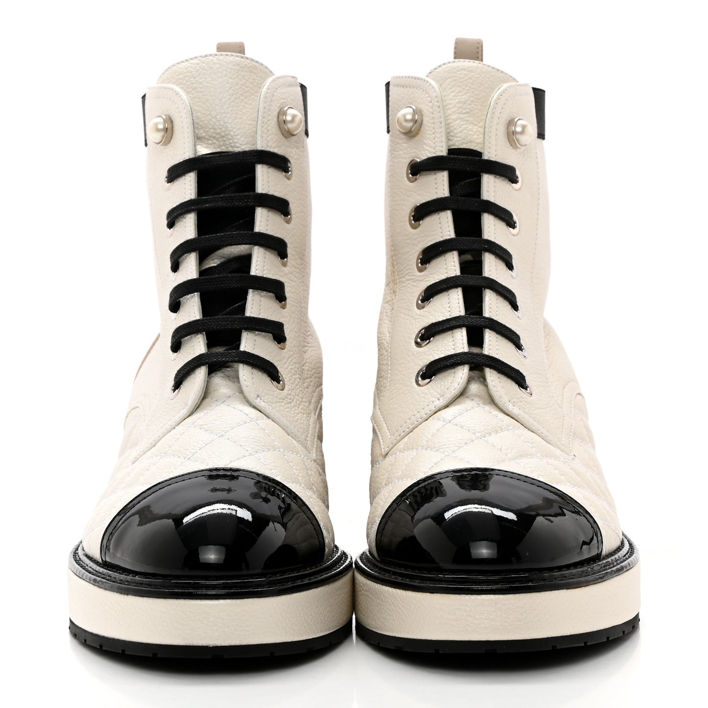Pearly Calfskin Patent Calfskin Quilted Lace Up Boots 38.5 White Light Gray Black