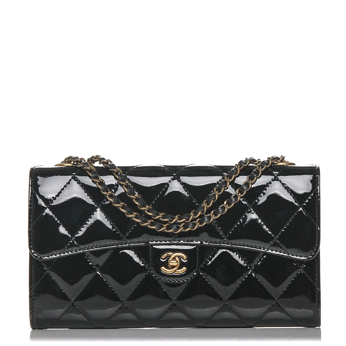 Patent Goatskin Quilted Small CC Eyelet Wallet On Chain WOC Black