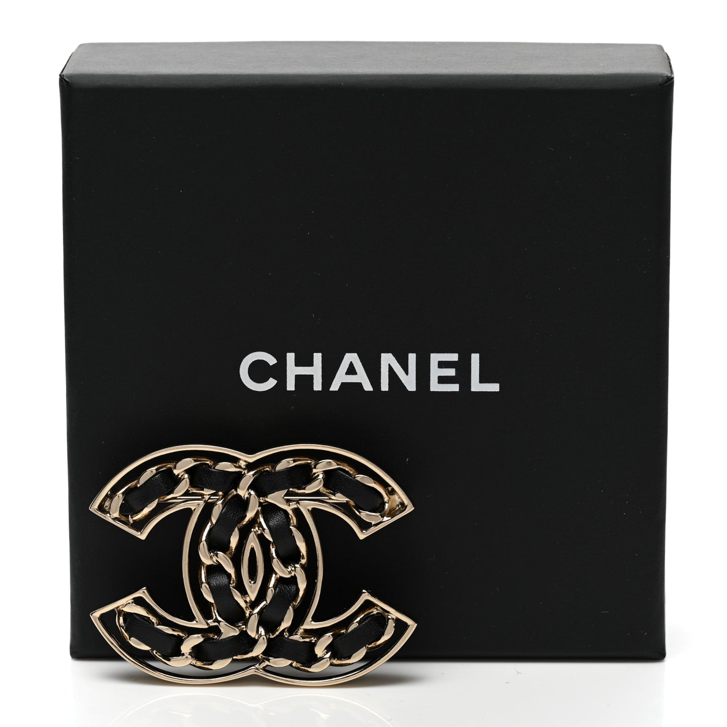 Lambskin Chain CC Brooch Black Gold