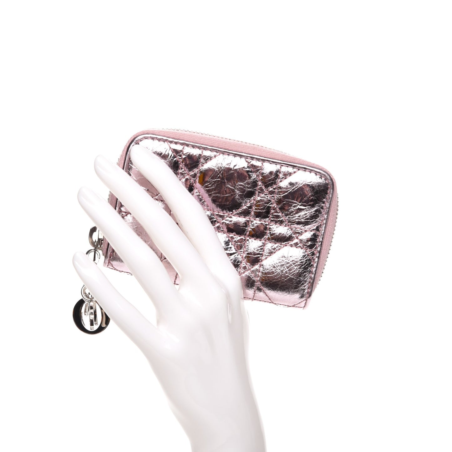 Metallic Calfskin Cannage Mini Lady Dior Zip Portemonnaie Pink