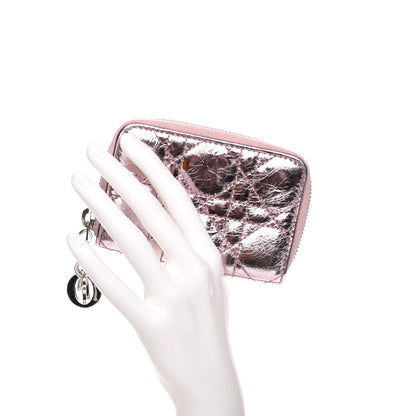 Christian Dior Metallic Calfskin Cannage Mini Lady Dior Zip Portemonnaie Pink 2 of 7
