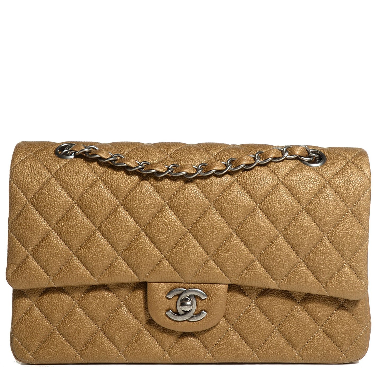 Metallic Calfskin Quilted Medium Double Flap Dark Gold