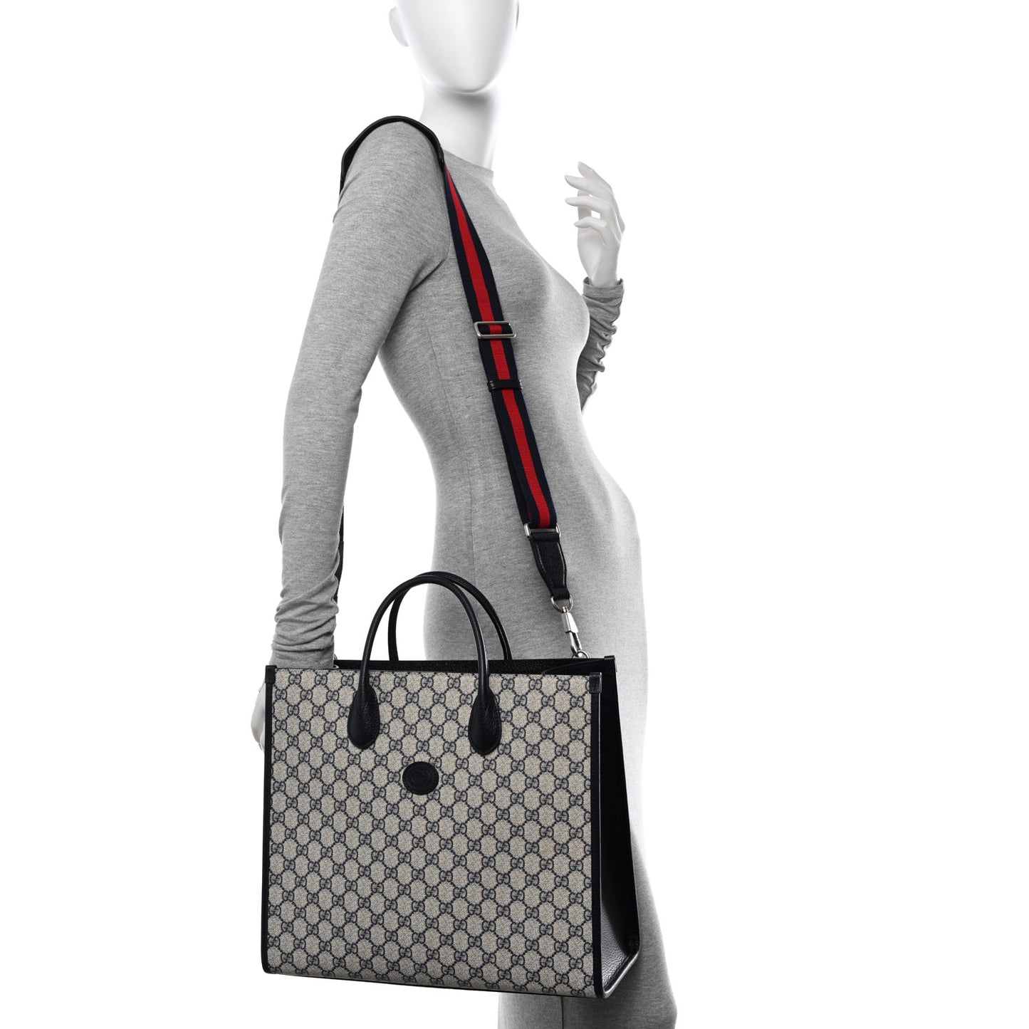GG Supreme Monogram Textured Dollar Calfskin Web Medium Retro Interlocking G Tote Bag Beige Blue