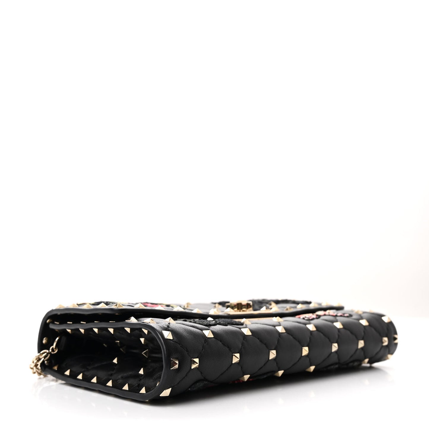 Nappa Butterfly Embroidered Rockstud Spike Wallet on Chain Black