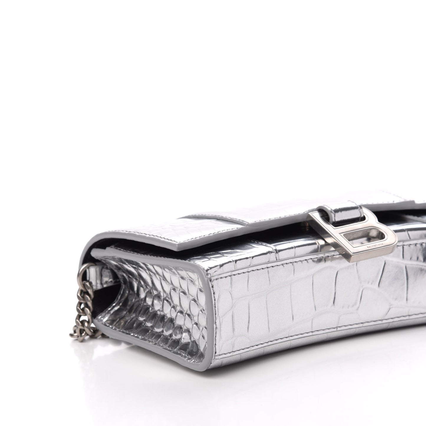 Metallic Calfskin Crocodile Embossed Hourglass Chain Bag Silver