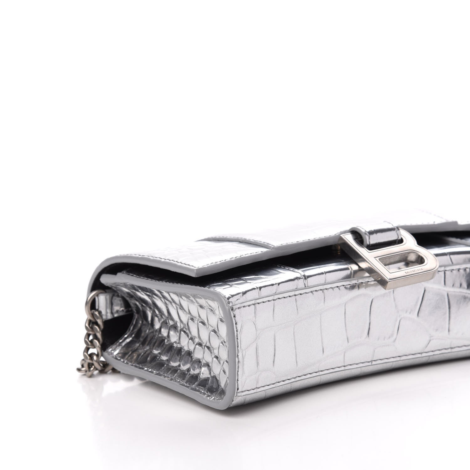 Balenciaga Metallic Calfskin Crocodile Embossed Hourglass Chain Bag Silver 7 of 9
