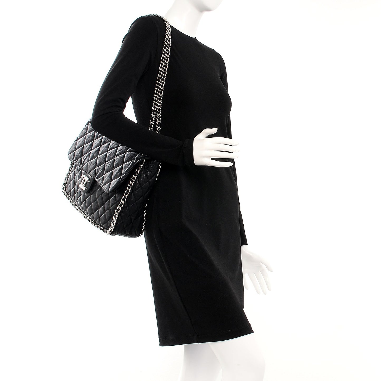 Washed Lambskin Quilted Maxi Chain Around Flap Black