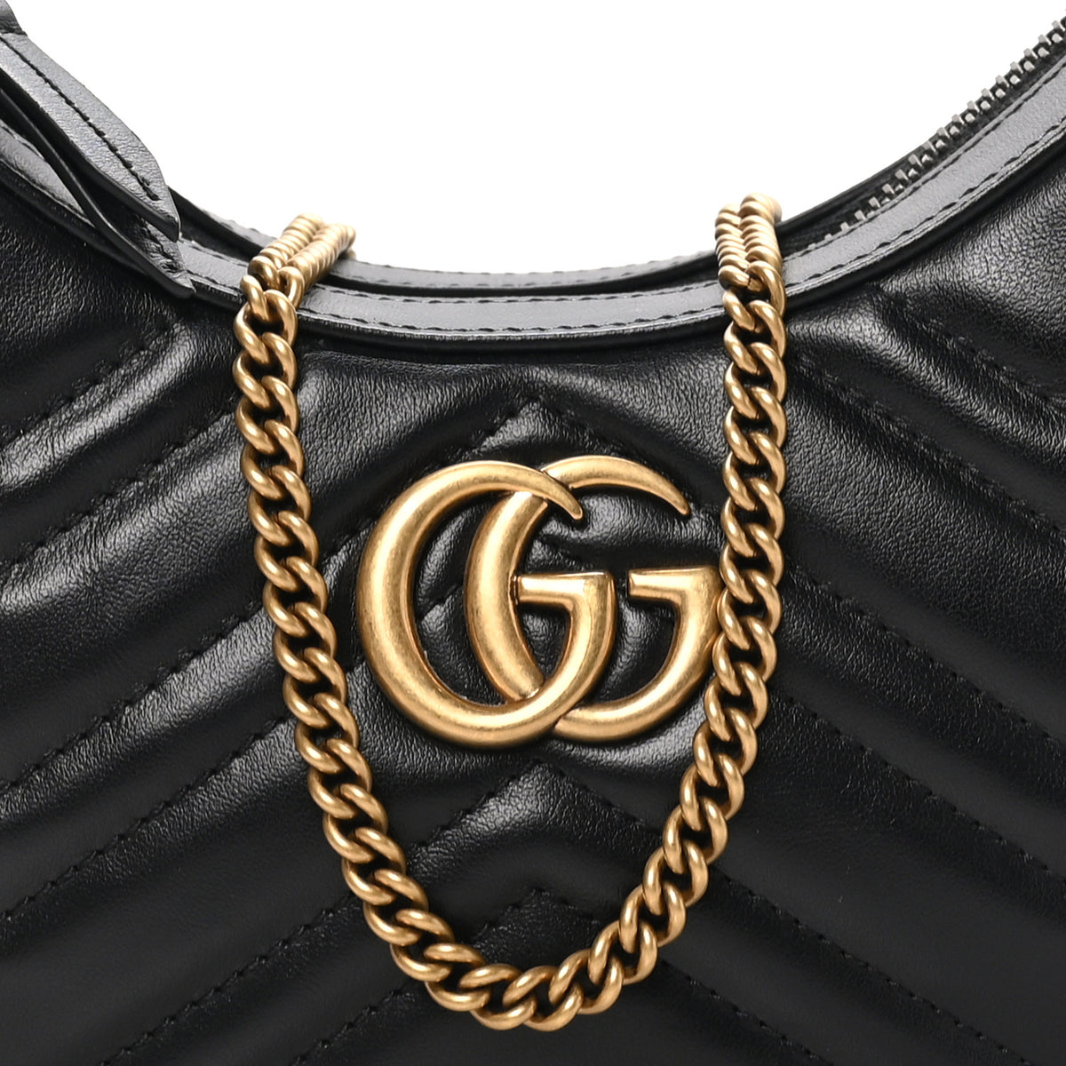 Calfskin Matelasse Chevron Mini GG Marmont Half Moon Hobo Black