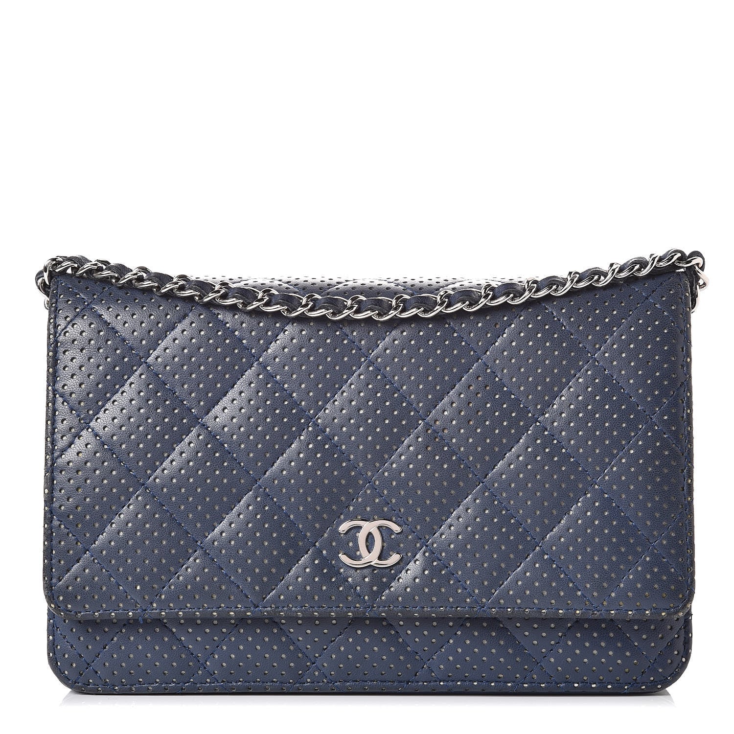 Chanel Perforated Lambskin Quilted Wallet On Chain WOC Blue 1 of 18