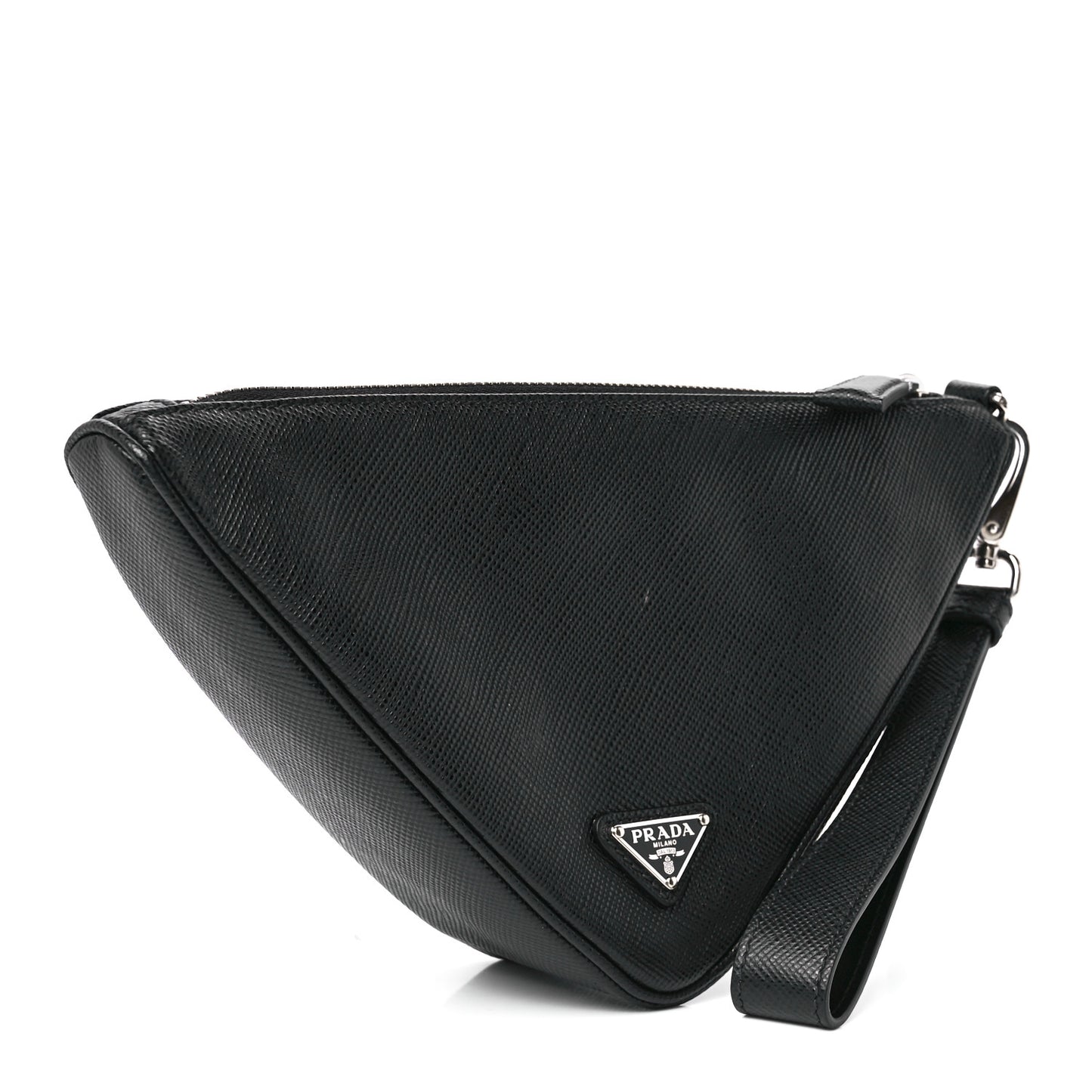 Saffiano Cuir Triangle Logo Embossed Triangle Wristlet Black