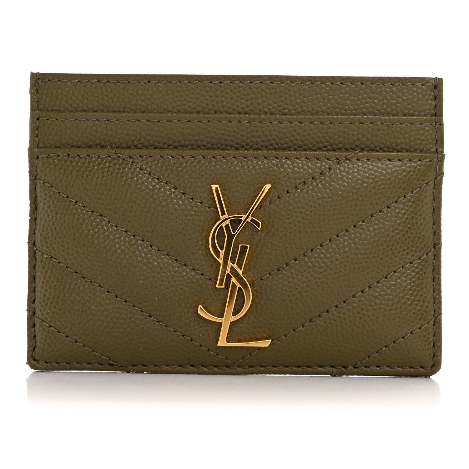 Saint Laurent Grain De Poudre Matelasse Chevron Monogram Credit Card Case Vert Kaki 8 of 10