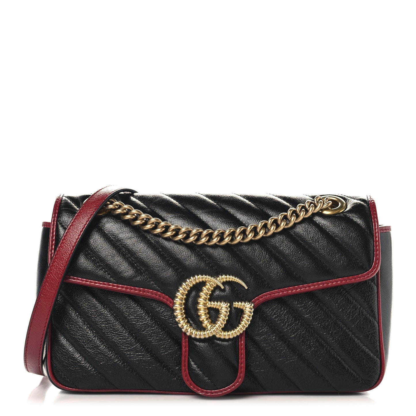 Vintage Effect Calfskin Matelasse Diagonal Small Torchon GG Marmont Shoulder Bag Black Romantic Cherry