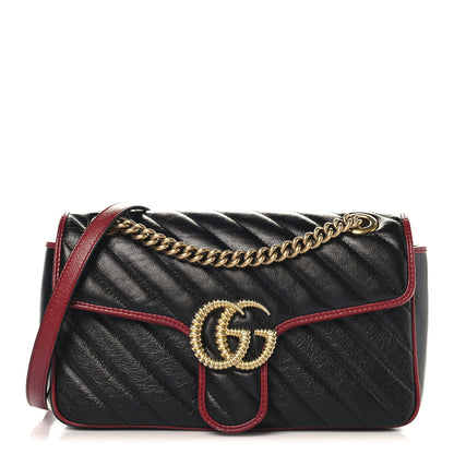 Gucci Vintage Effect Calfskin Matelasse Diagonal Small Torchon GG Marmont Shoulder Bag Black Romantic Cherry 1 of 10