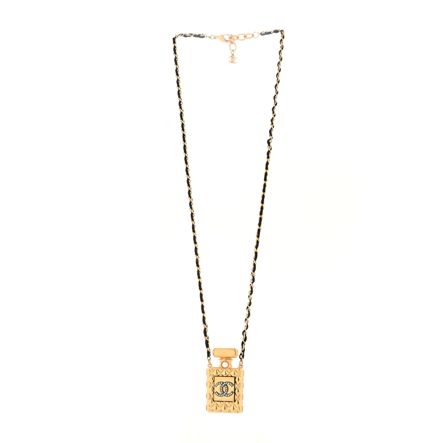 Chanel Crystal Pearl Perfume Bottle CC Necklace Black Gold 2 of 3