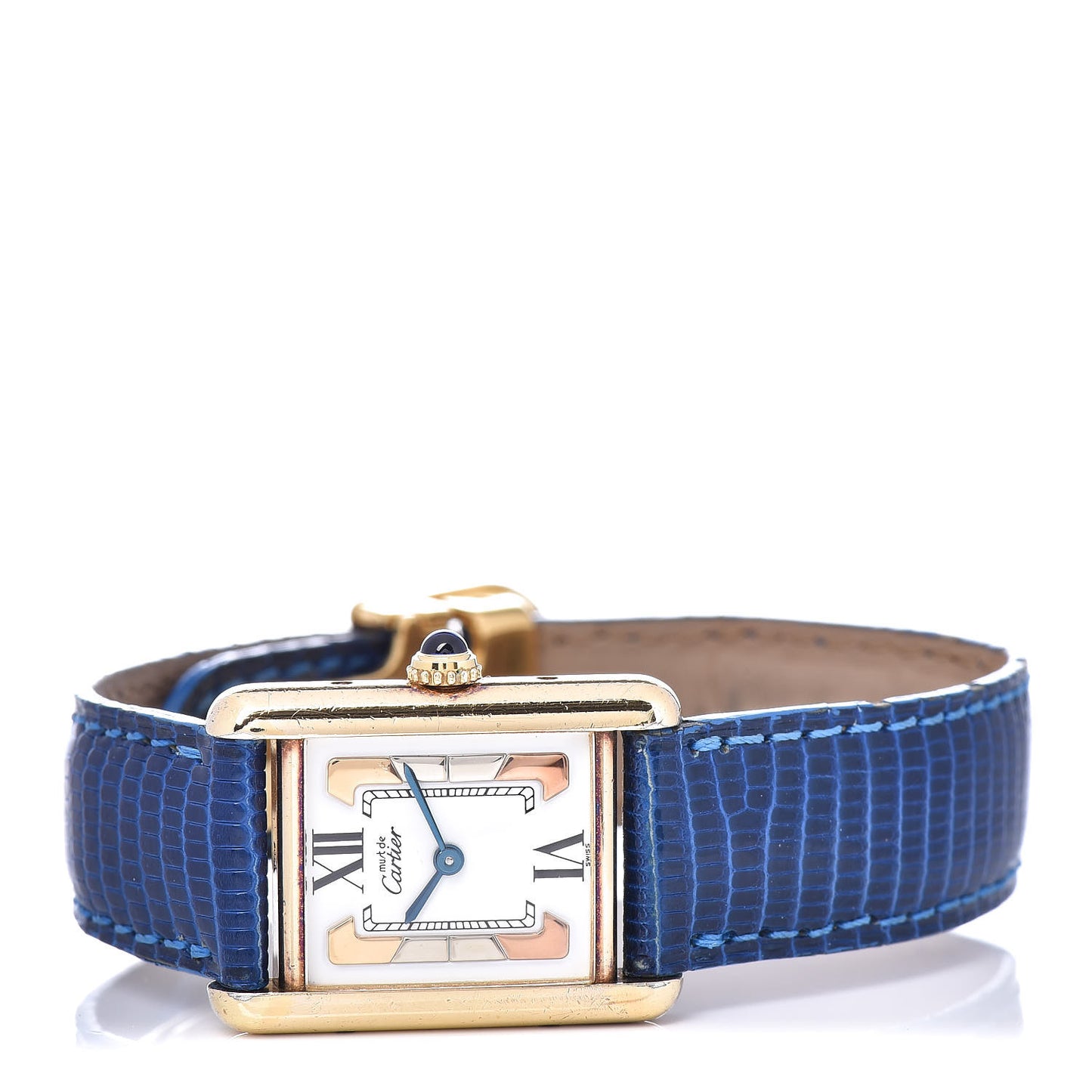 Sterling Silver Vermeil Lizard 20mm Must de Cartier Tank Quartz Watch Blue