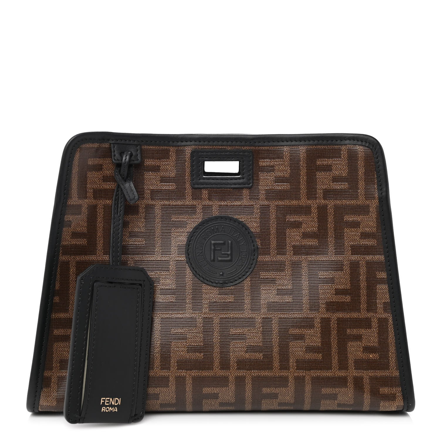 Fendi Glazed Fabric Vitello Century FF 1974 Stamp Patch Mini Peekaboo Defender Cover Mogano Panna Black 1 of 7