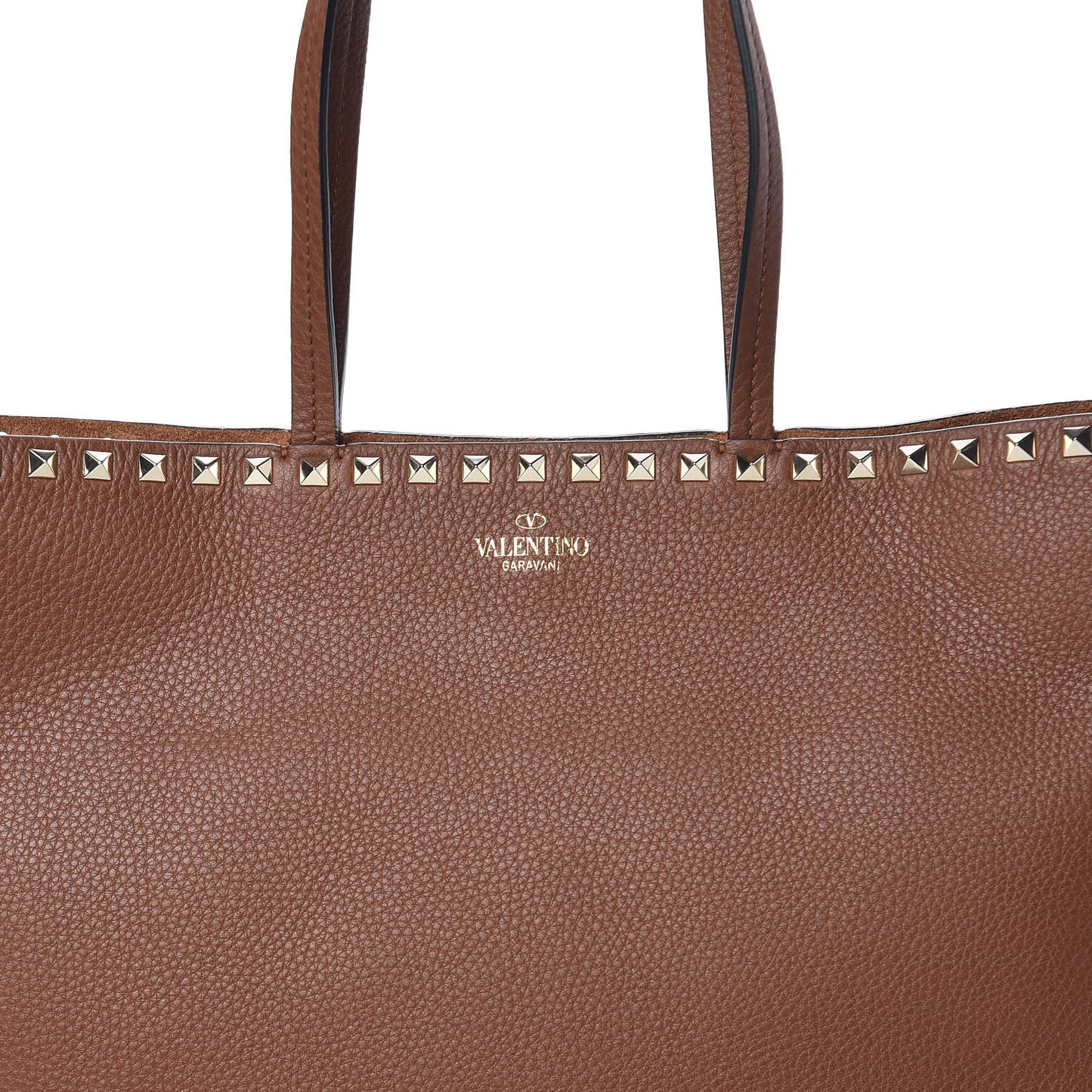 Grained Calfskin Small Rockstud Shoulder Tote Bright Cognac