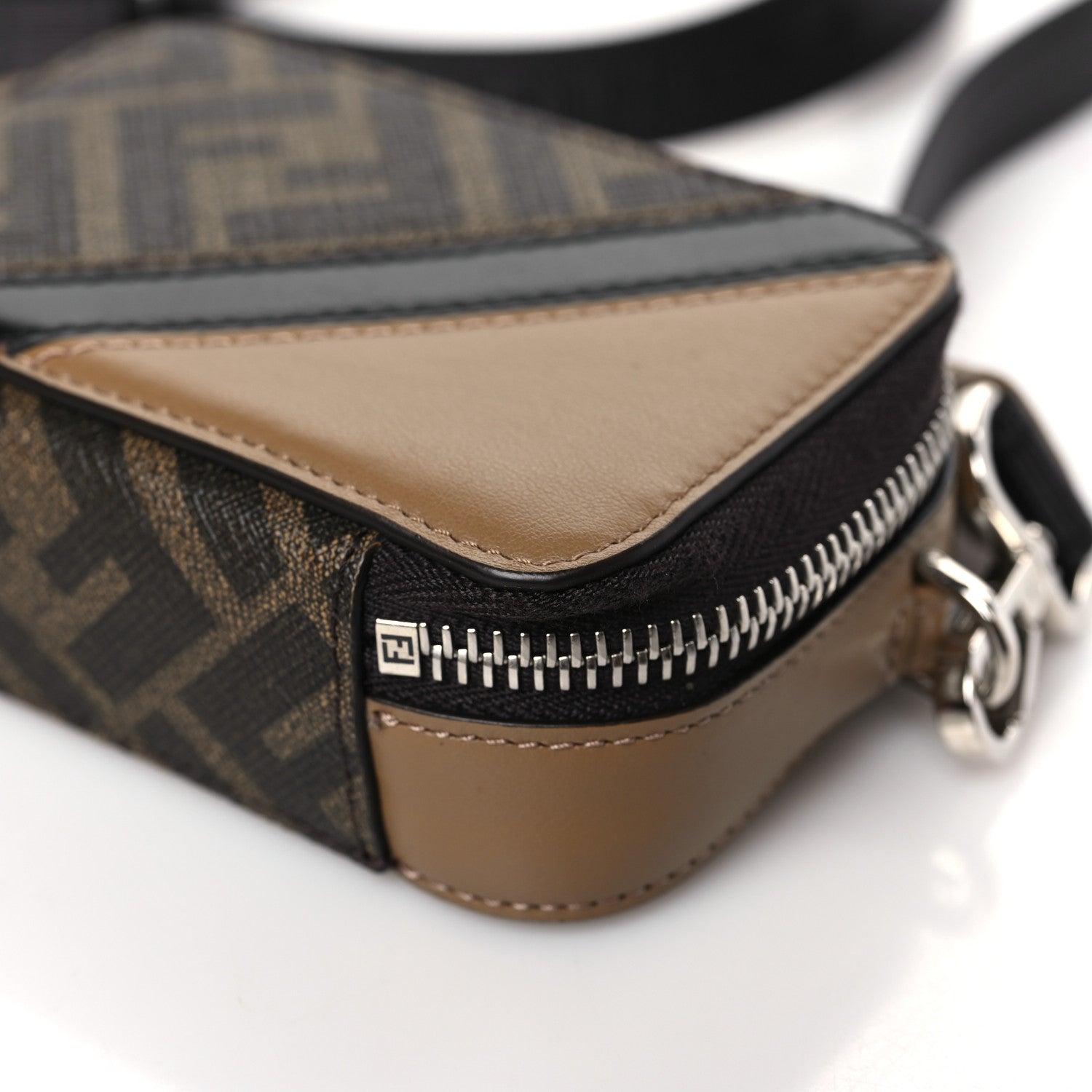 Fendi Glazed Fabric Vitello Cover FF 1974 Diagonal Bi-Color Mini Camera Case Tobacco Moro Sand Black 9 of 10