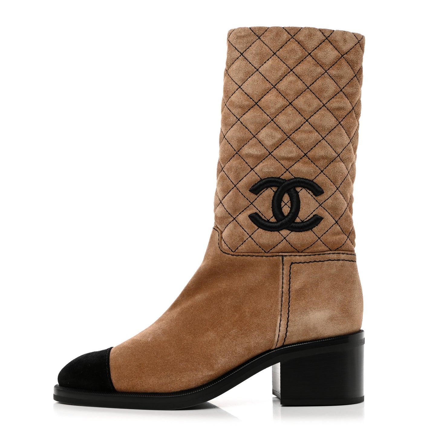 Suede Quilted CC High Boots 38.5 Dark Beige Black