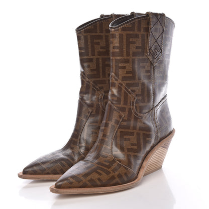 Fendi Glazed Fabric FF 1974 Cutwalk Ankle Boots 37 Mogano Panna 3 of 13