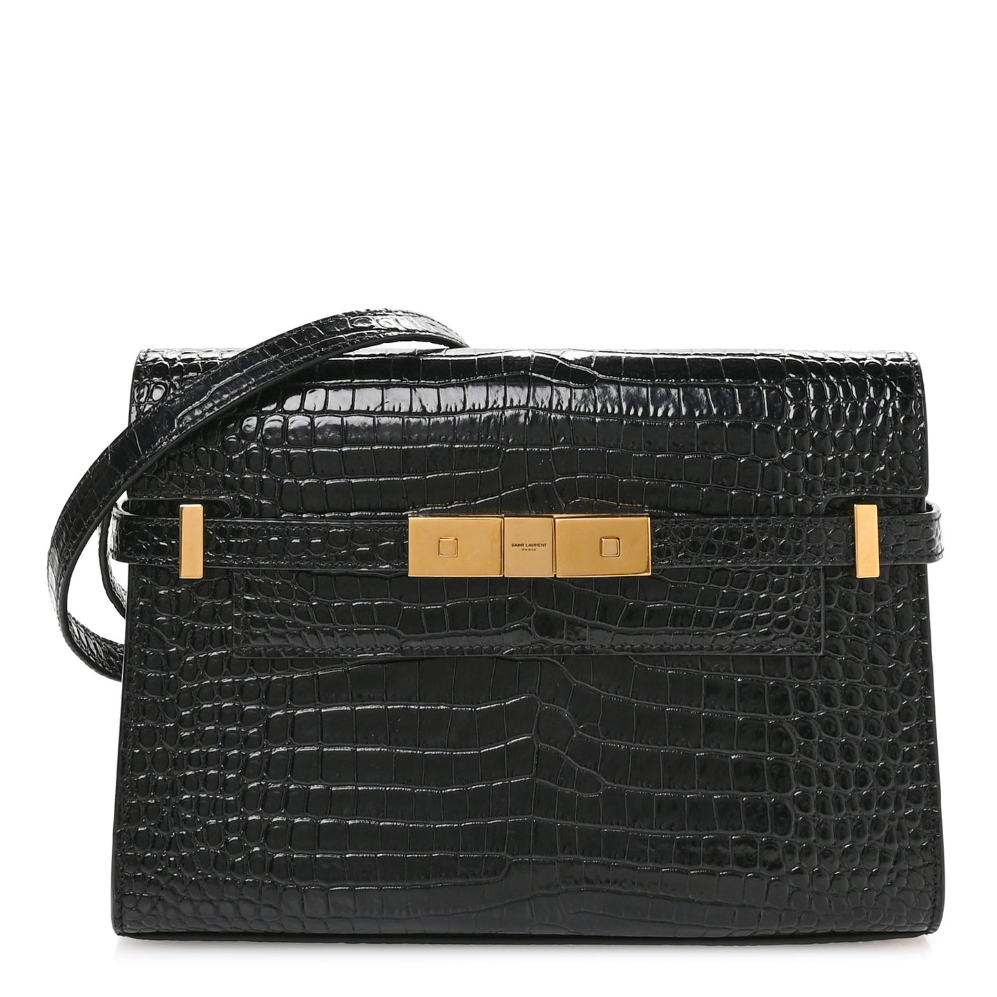 Shiny Calfskin Crocodile Embossed Small Manhattan Baguette Black
