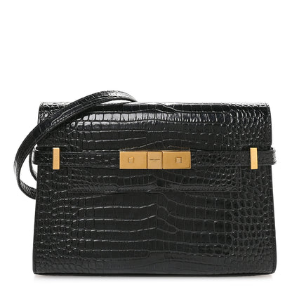 Saint Laurent Shiny Calfskin Crocodile Embossed Small Manhattan Baguette Black 1 of 10