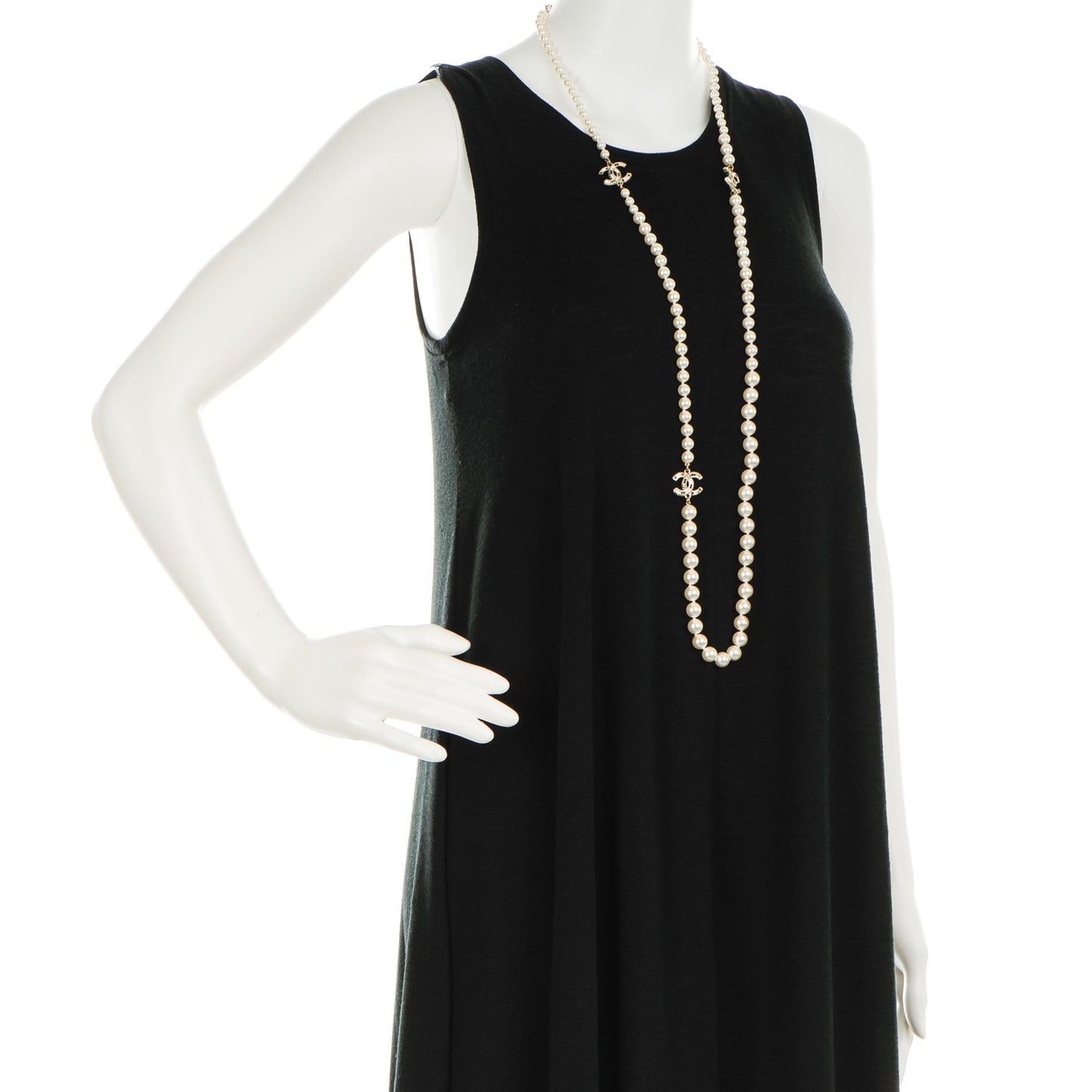 Graduated Pearl Crystal CC Long Necklace Gold Black