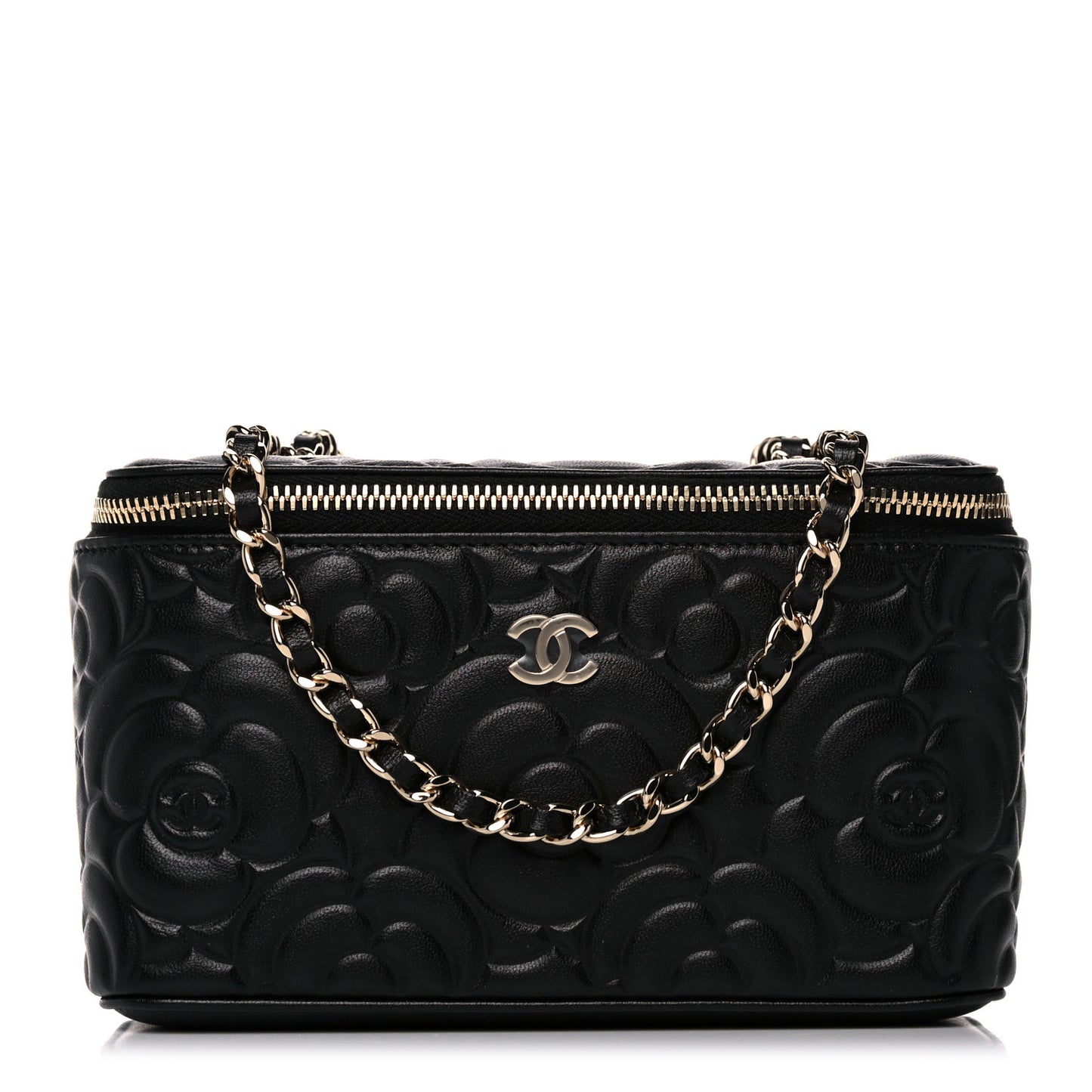 Lambskin Camellia Embossed Small Vanity Case With Chain Black