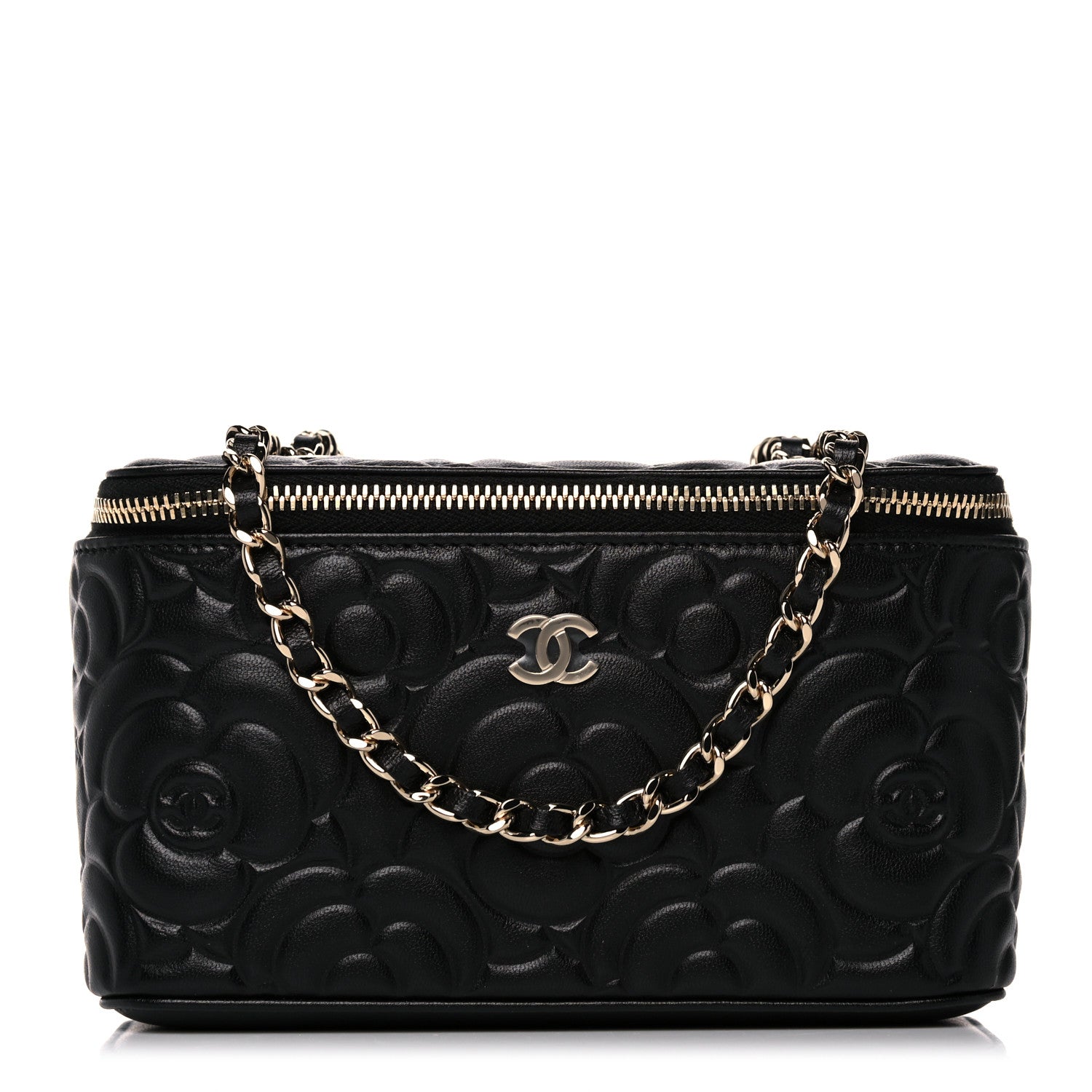 Chanel Lambskin Camellia Embossed Small Vanity Case With Chain Black 1 of 10