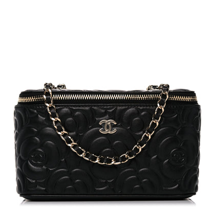 Chanel Lambskin Camellia Embossed Small Vanity Case With Chain Black 1 of 10