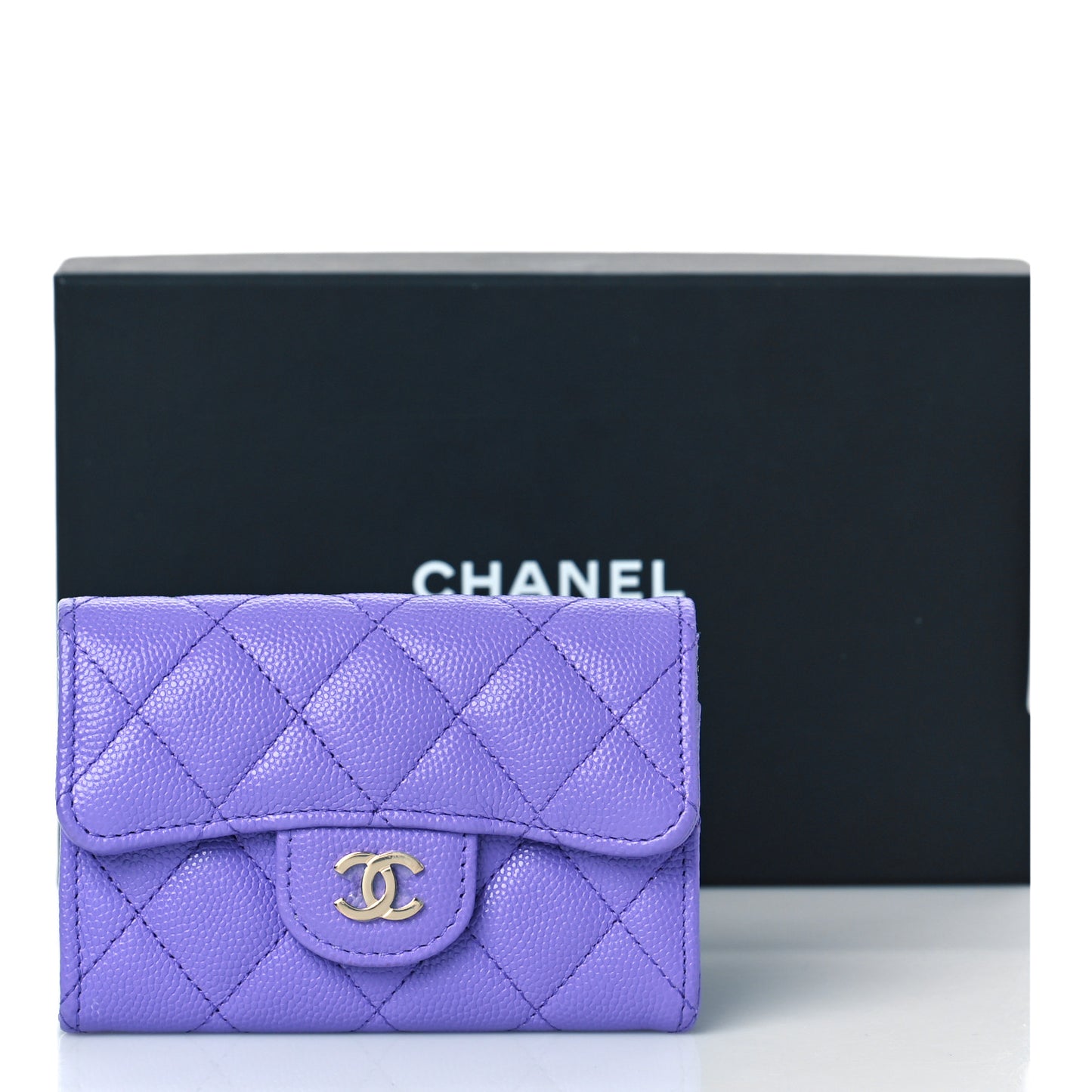 Caviar Quilted Flap Card Holder Wallet Purple