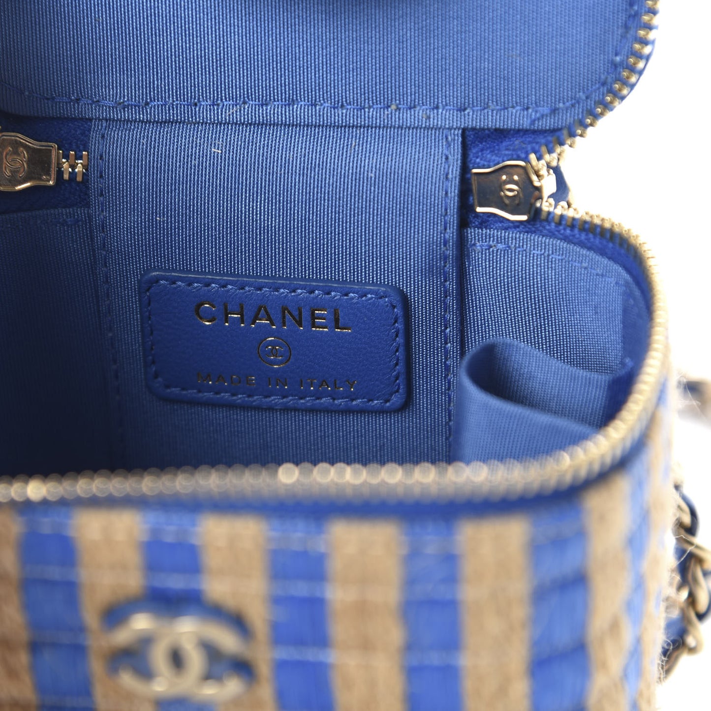 Raffia Jute Striped Mini Vanity Case With Chain Blue Beige