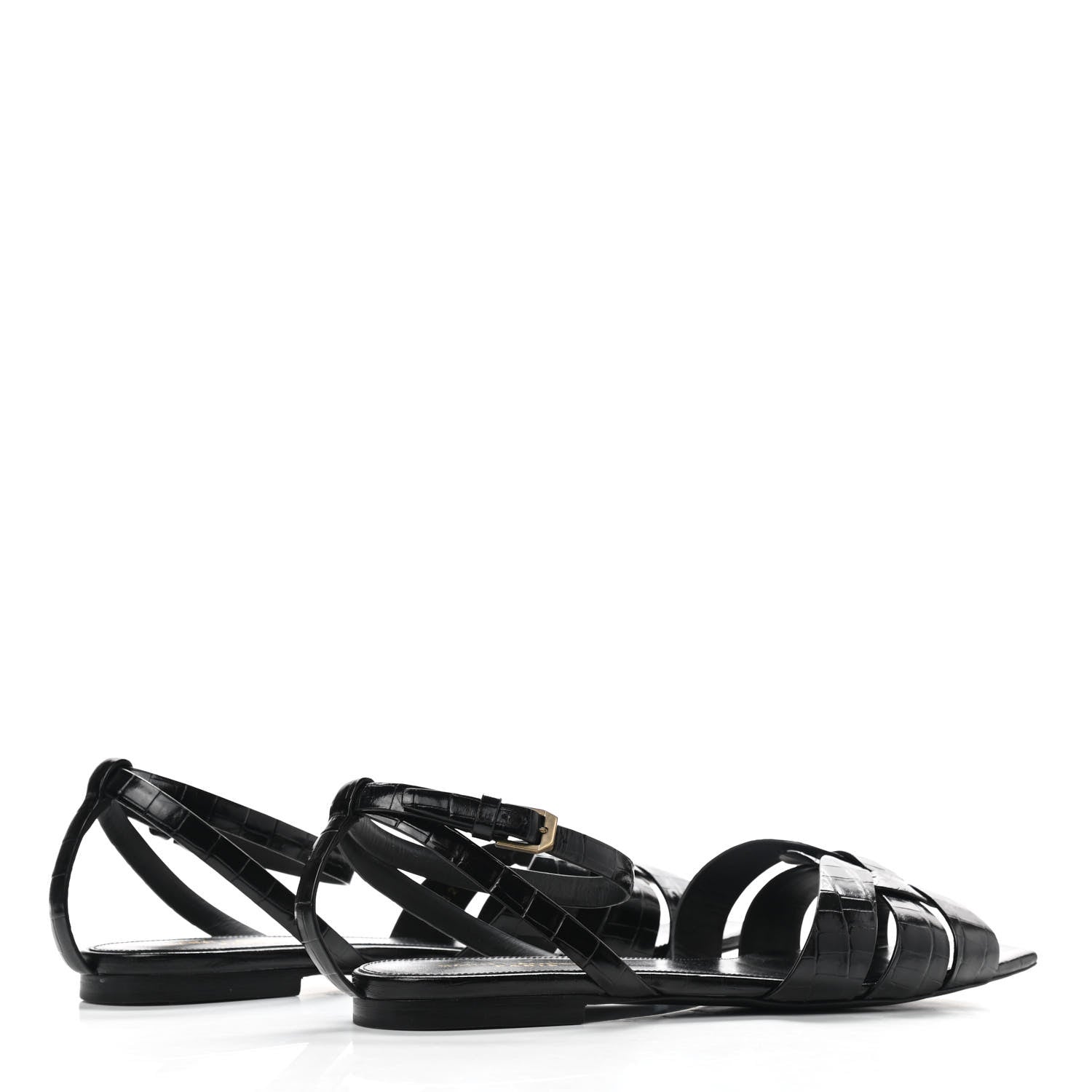 Saint Laurent Calfskin Crocodile Embossed Tribute 05 Ankle Strap Sandals 39.5 Black 4 of 9